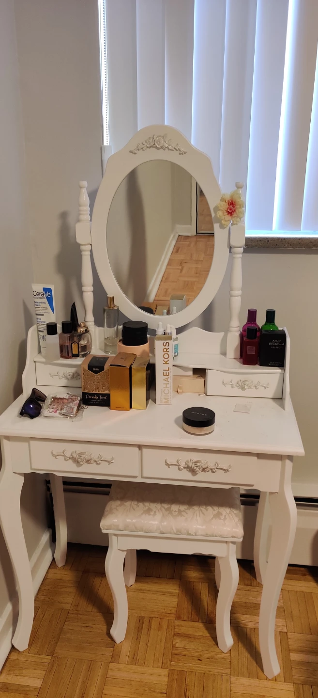 White Vanity Table with Mirror and Stool
