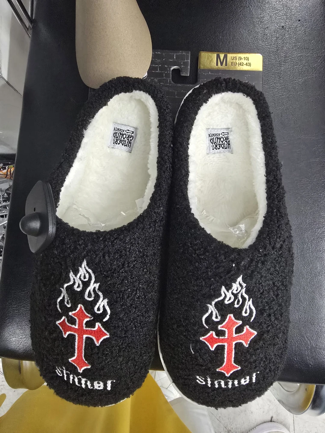 Black fuzzy Sinner Slippers Size M