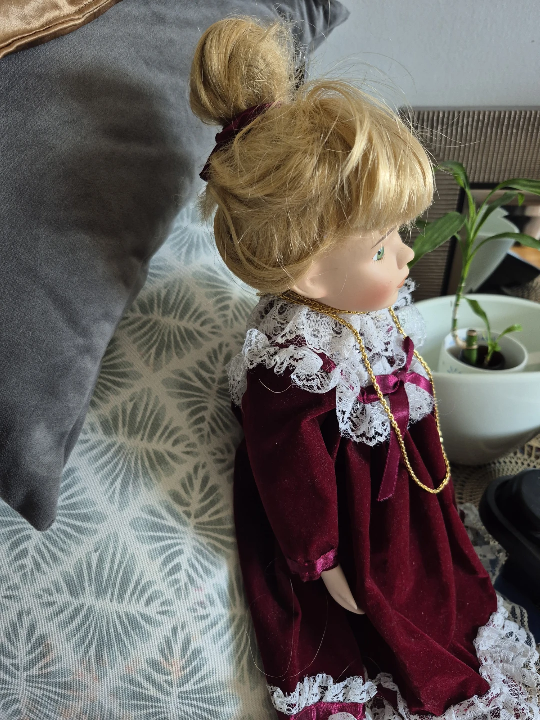 Vintage Collectible Doll with Burgundy Dress