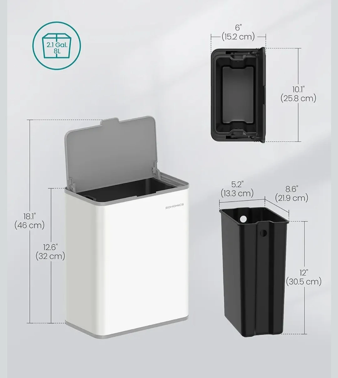 SONGMICS White Kitchen Trash Can with Lid - 8L - photo 4
