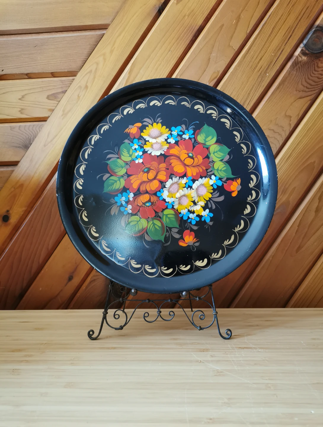 Vintage Hand Painted Floral Metal Tray Round Black Folk Art