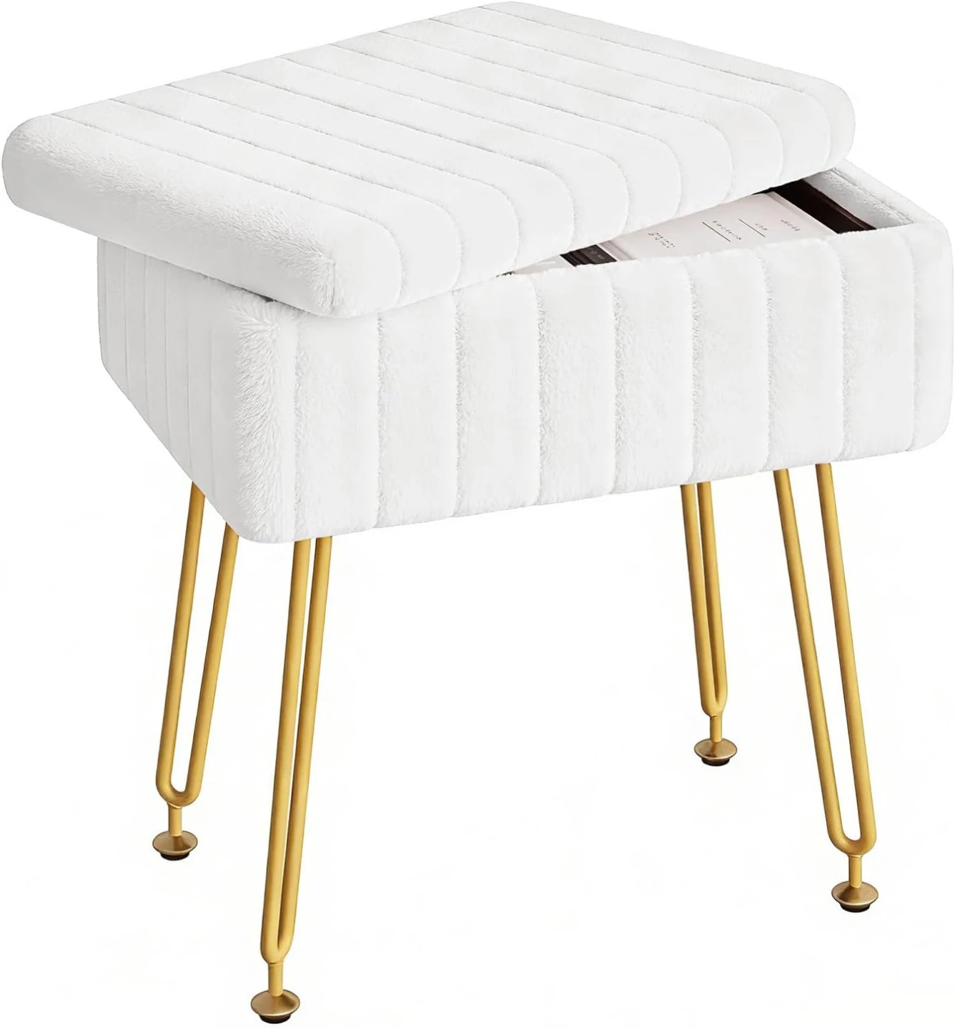 Modern Makeup Chair / Storage Ottoman - Cream White Fur