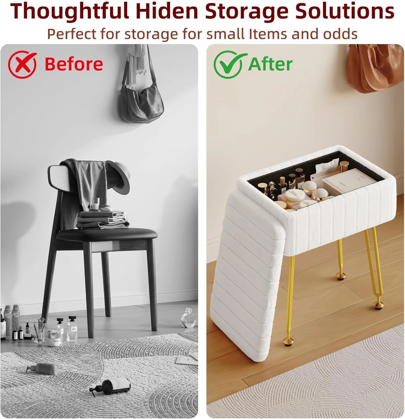 Modern Makeup Chair / Storage Ottoman - Cream White Fur - photo 4