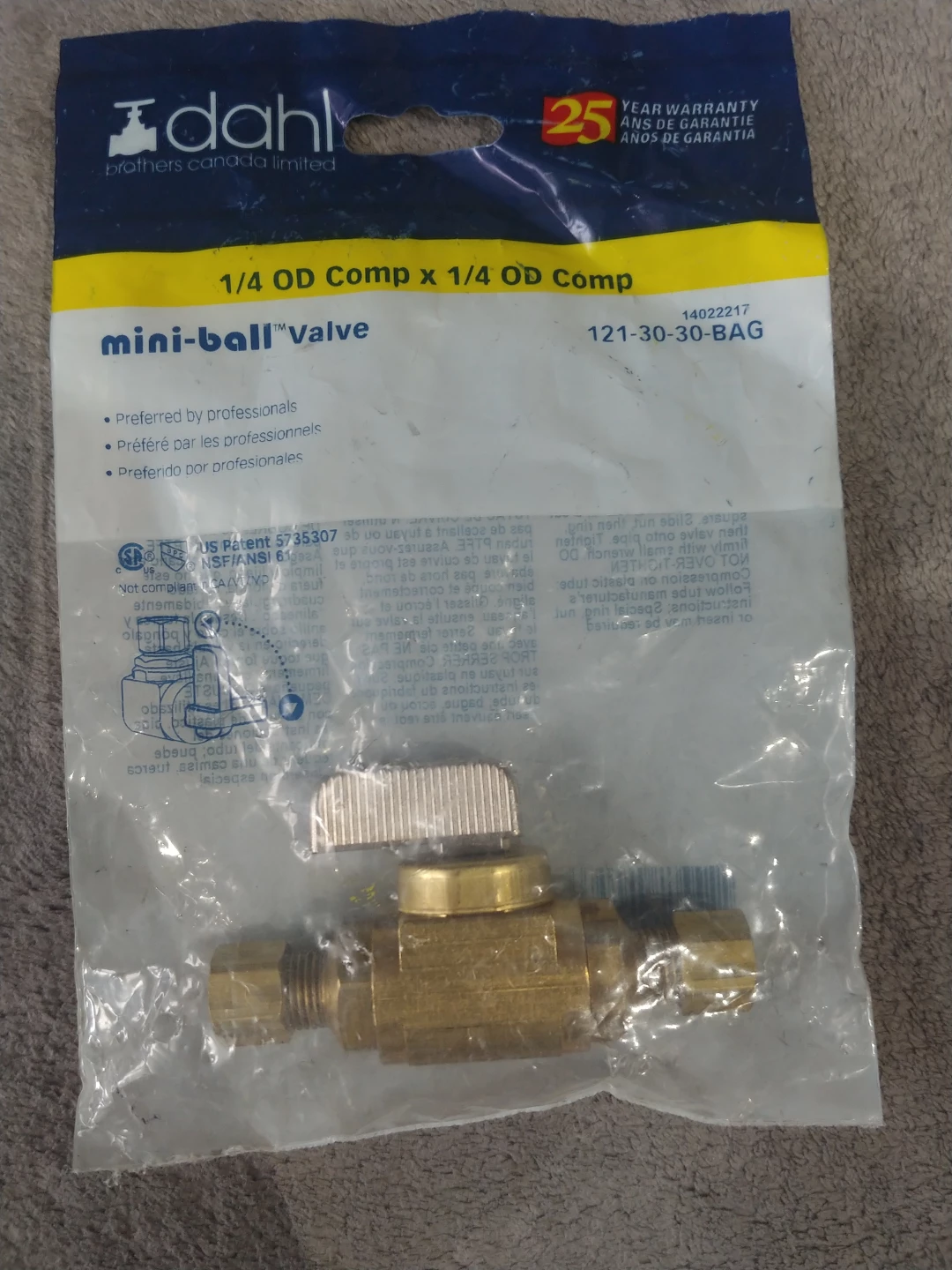 Dahl Brothers Canada Mini-Ball Valve 1/4 OD Comp x 1/4 OD Comp