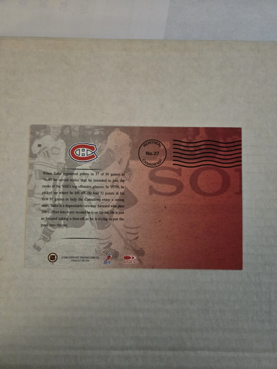 1997-98 Saku Koivu Montreal Canadiens Hockey Card - photo 2