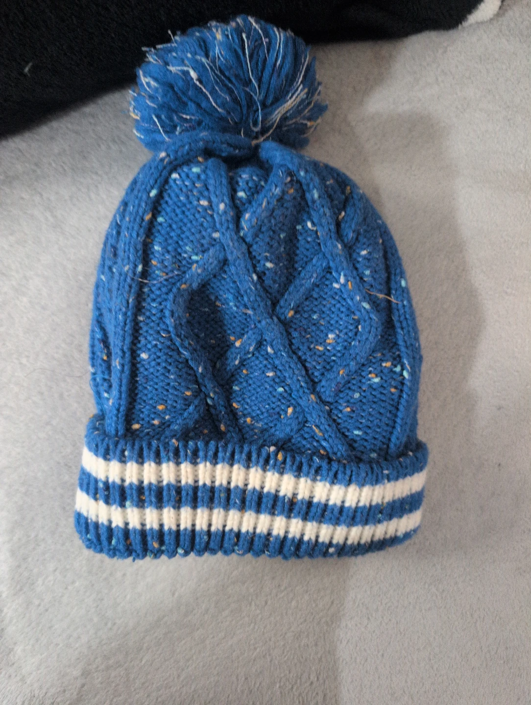 Blue Cable Knit Pom Pom Toque