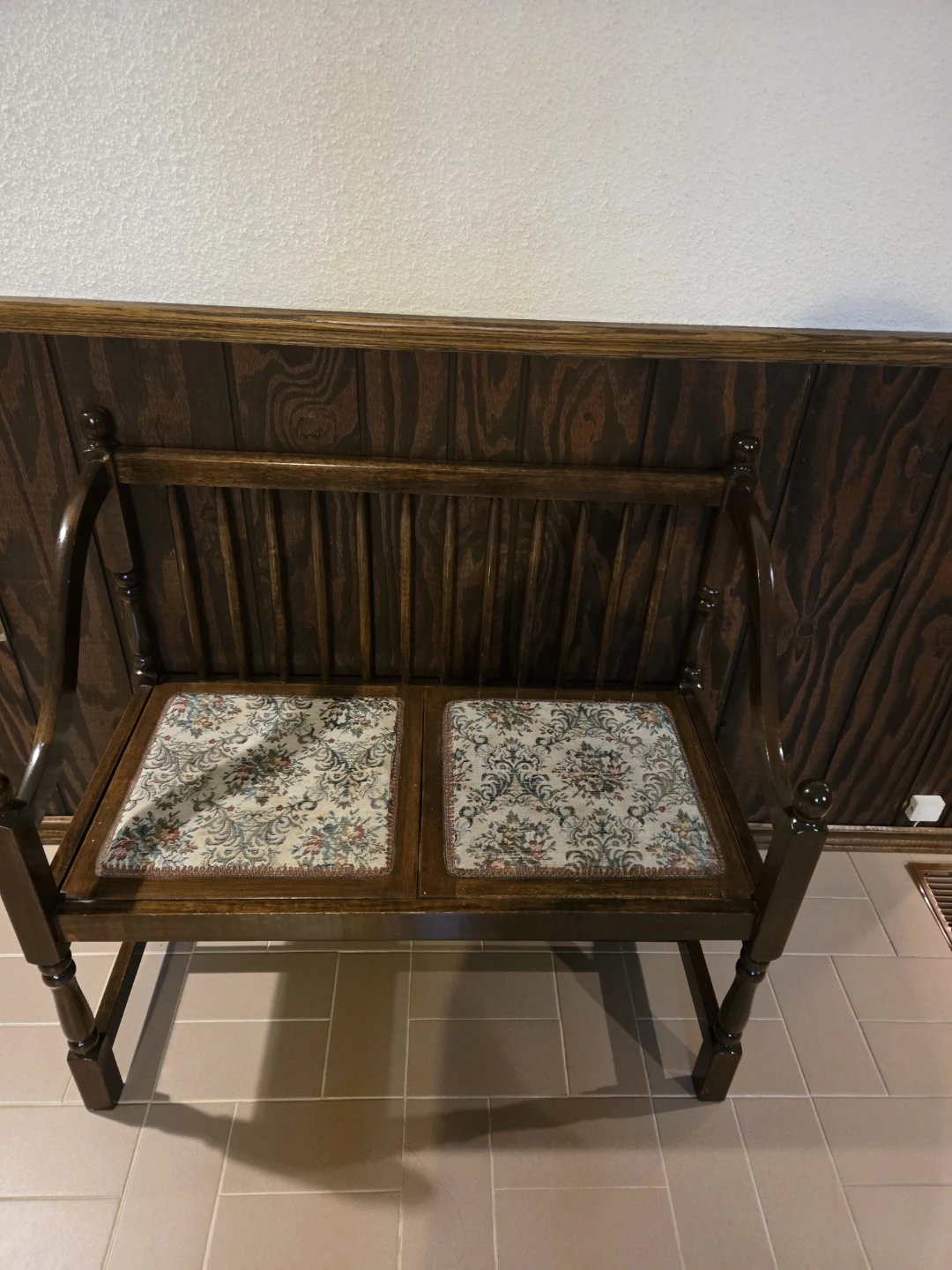 Wooden Bench with Floral Seat Cushions