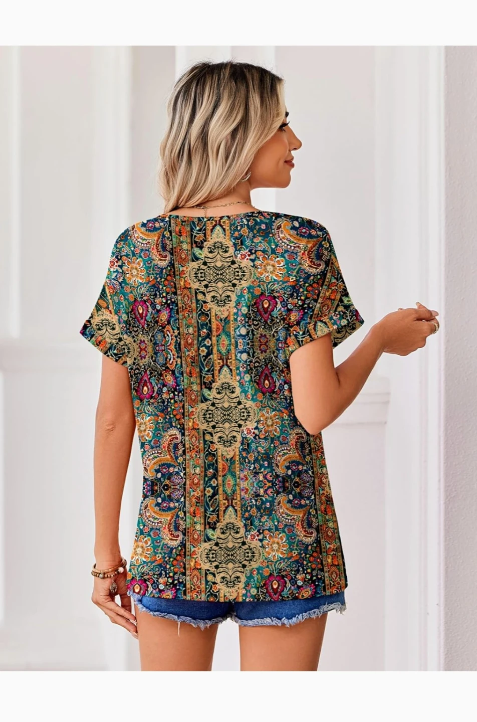Women's V-Neck Short Sleeve Paisley Print Top - photo 3