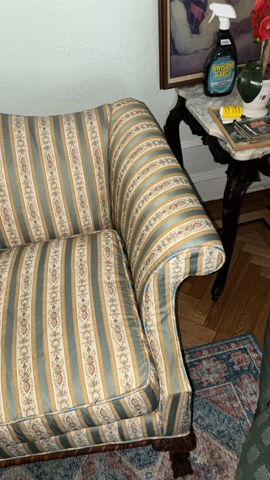 Vintage Striped Loveseat Sofa with Carved Wood Legs - photo 3