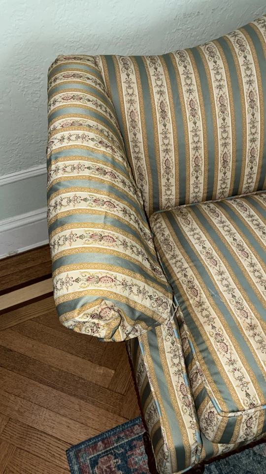 Vintage Striped Loveseat Sofa with Carved Wood Legs - photo 4