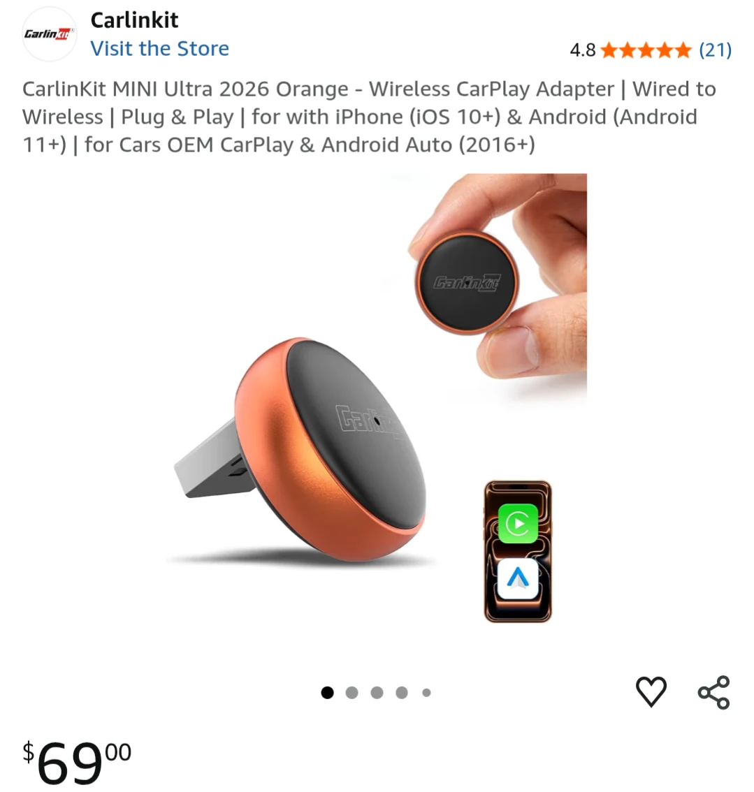 Carlinkit MINI Ultra 2026 Wireless CarPlay Adapter - Orange