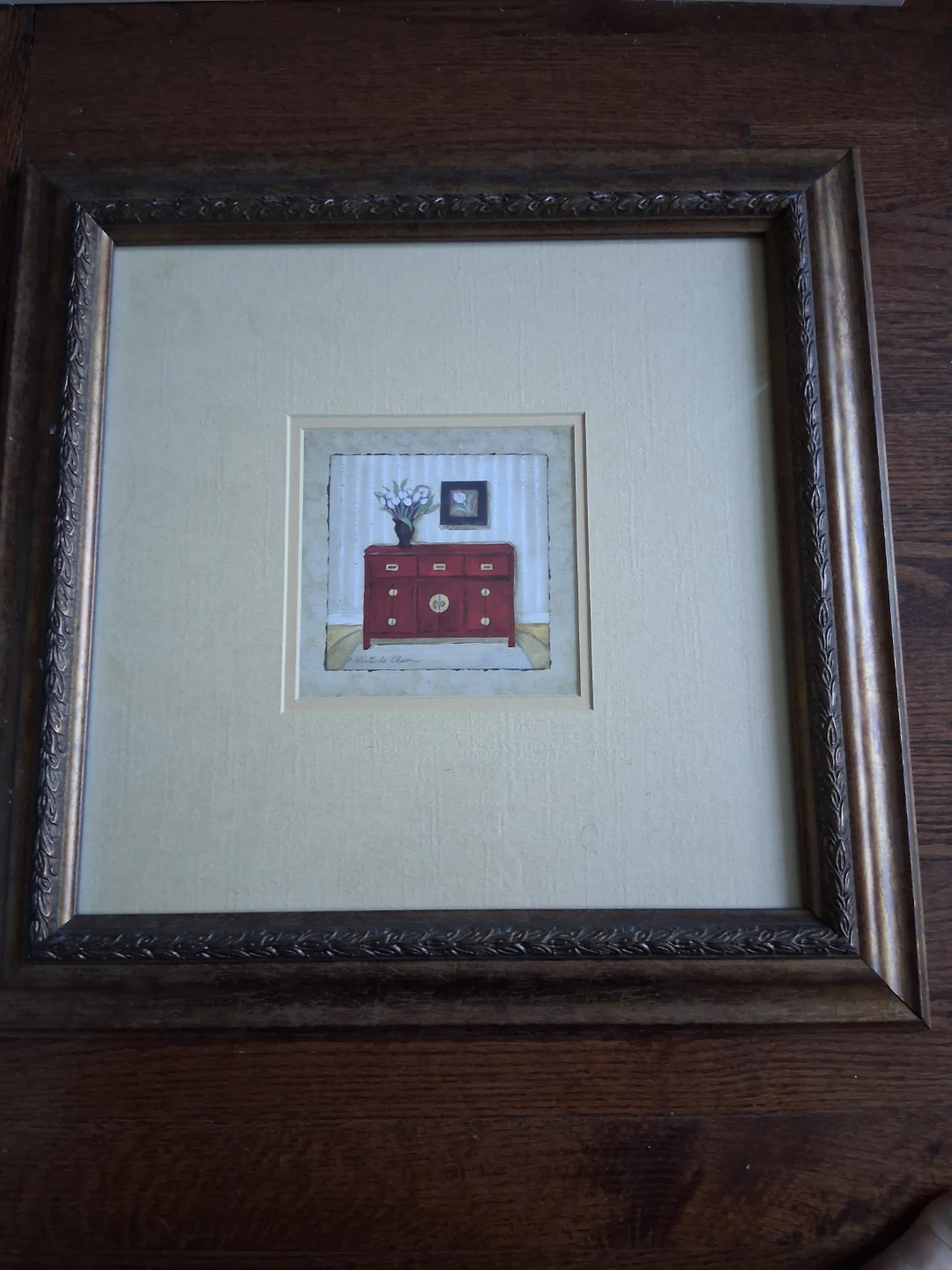Framed Artwork - Red Dresser with Flowers