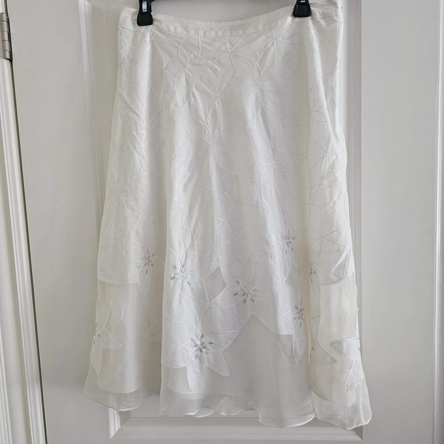 White Embroidered Tiered Midi Skirt