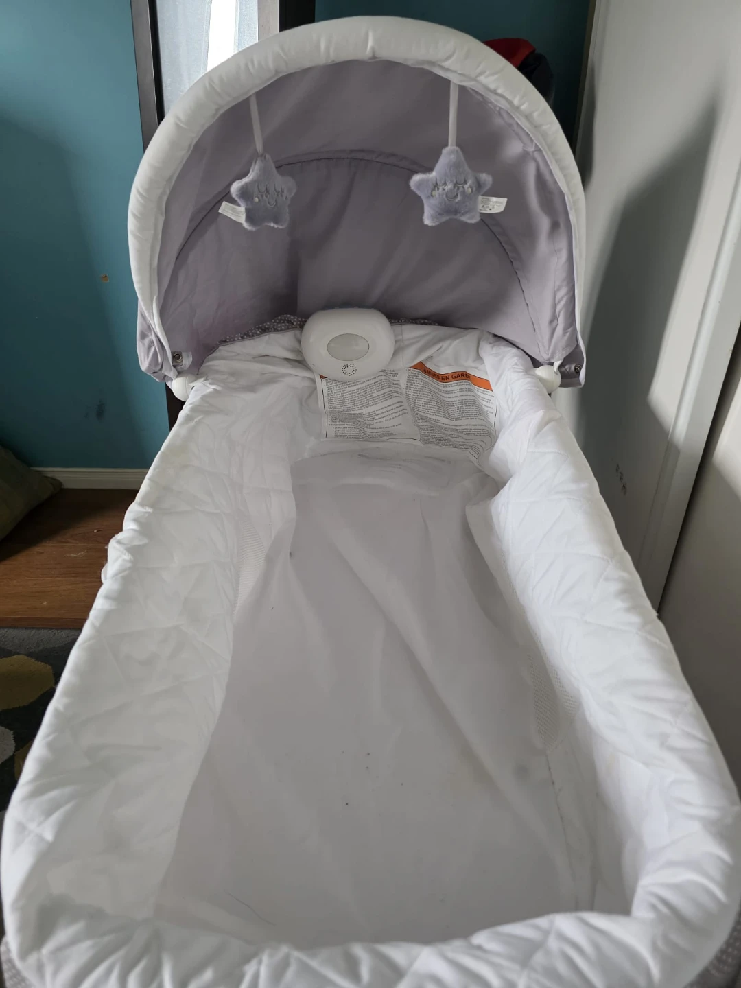 White Infant Bassinet with Canopy and Mobile