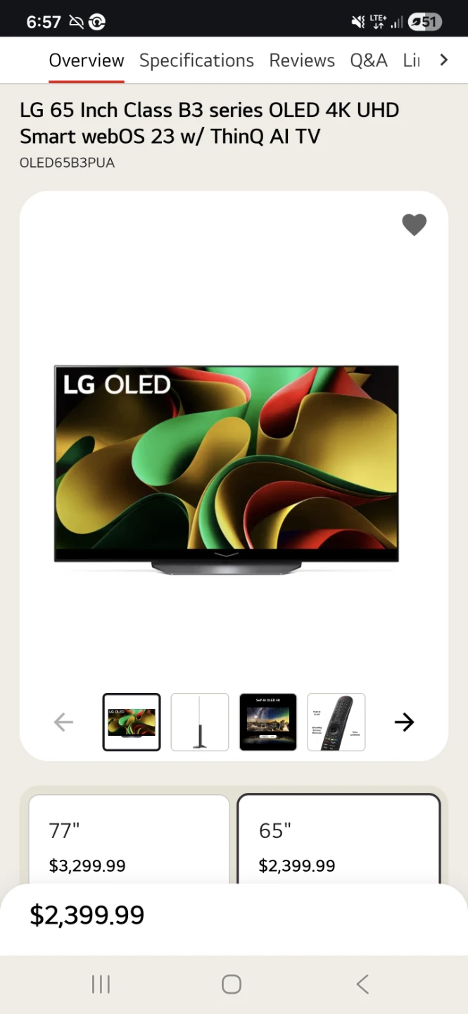 LG 65 Inch B3 Series OLED 4K UHD Smart TV