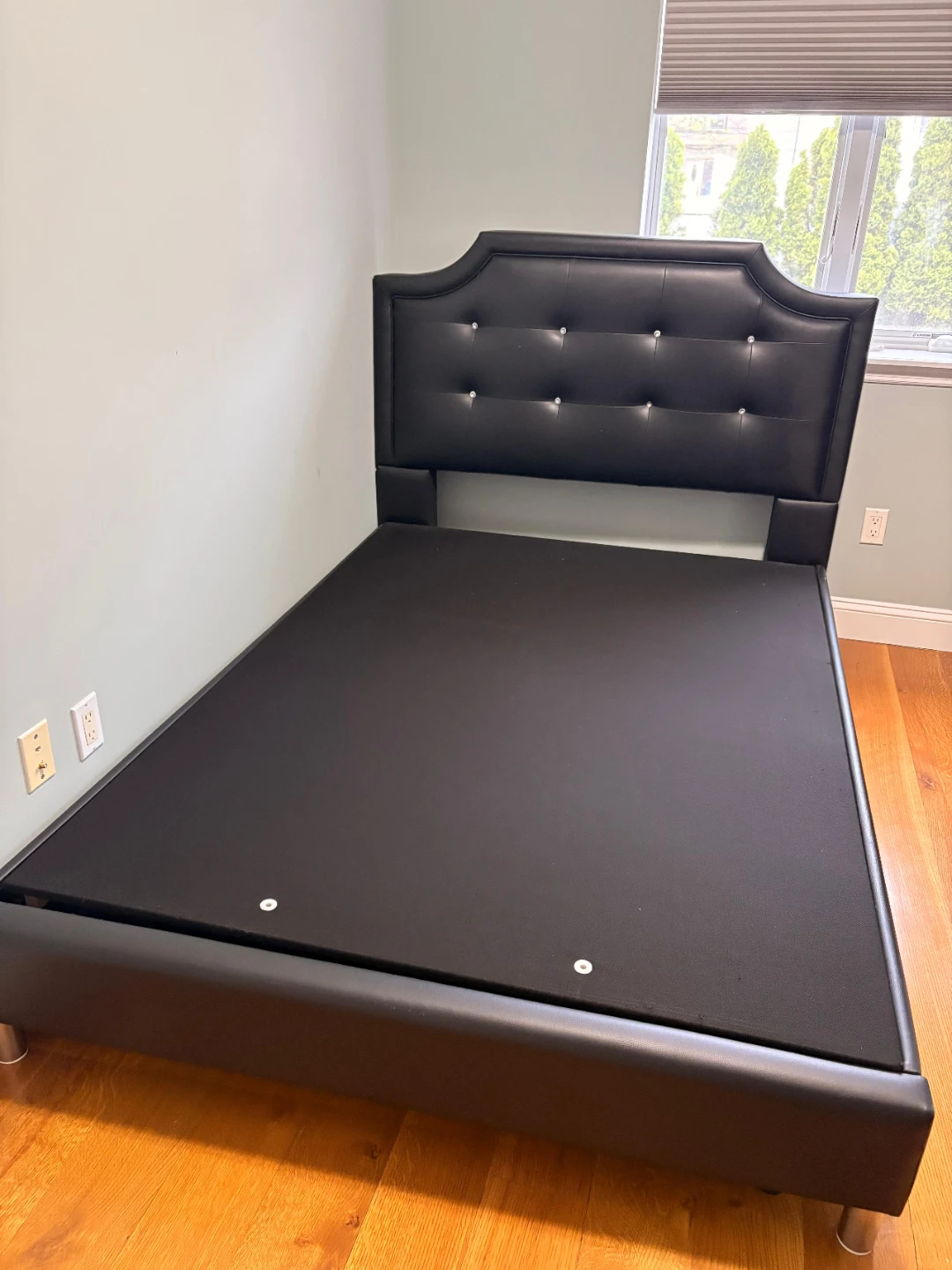 Black Faux Leather Queen Bed Frame with Crystal Tufting