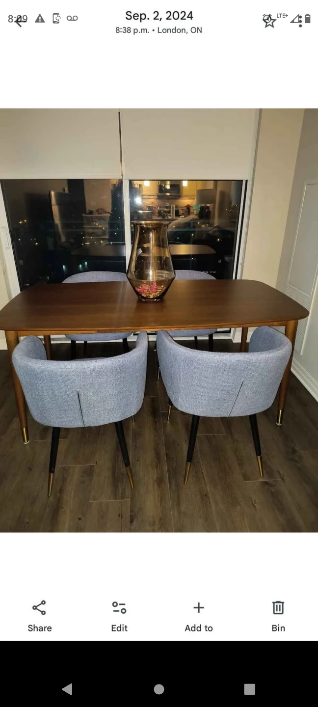 5 Piece Walnut Dining Table and Blue Tweed Chairs