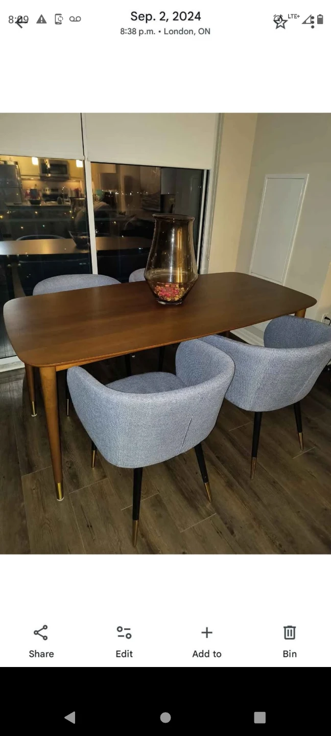 5 Piece Walnut Dining Table and Blue Tweed Chairs - photo 2