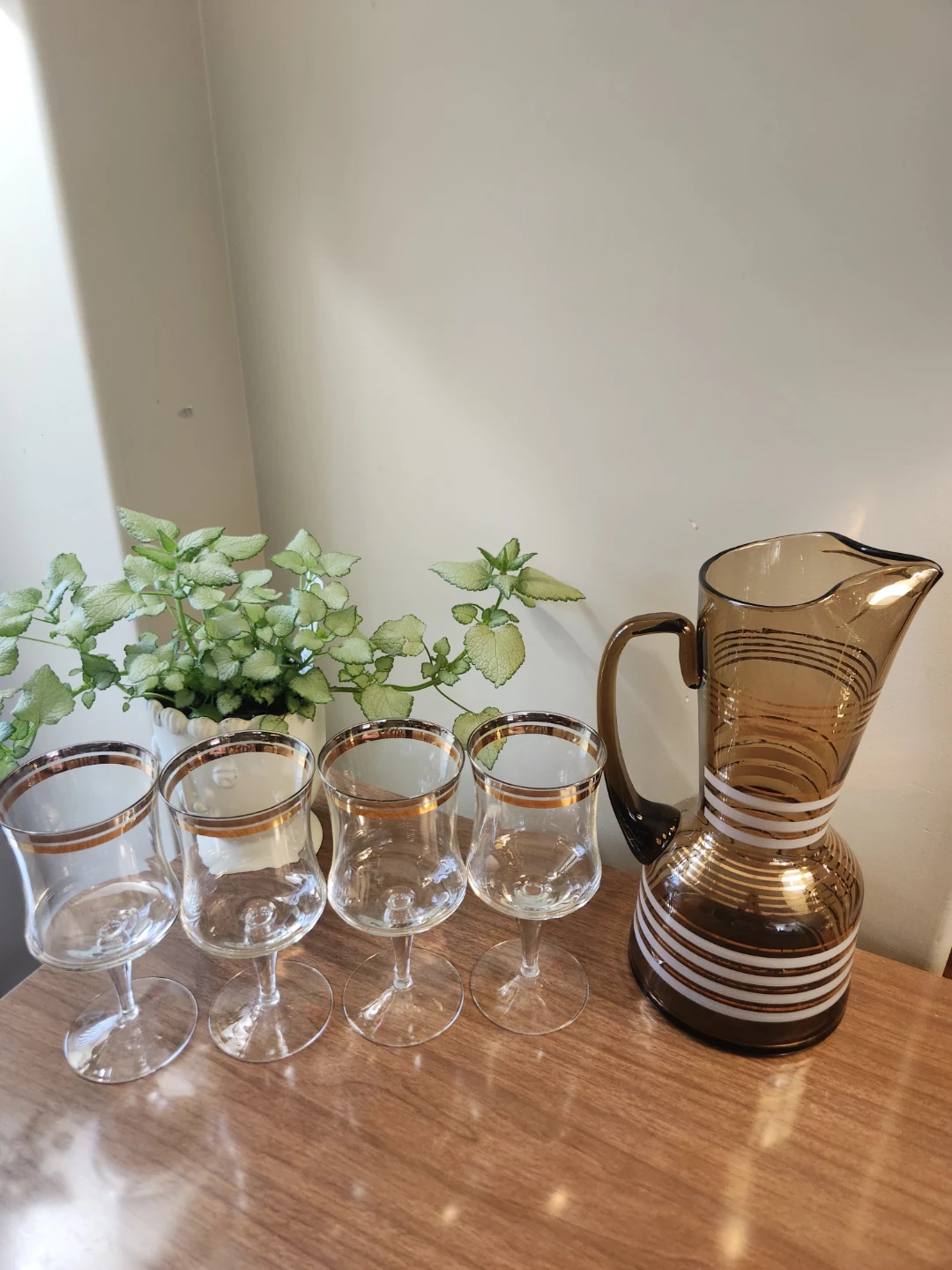 MID CENTURY  Bohemian  Glass Pitcher and 4 Stemmed Glasses Set