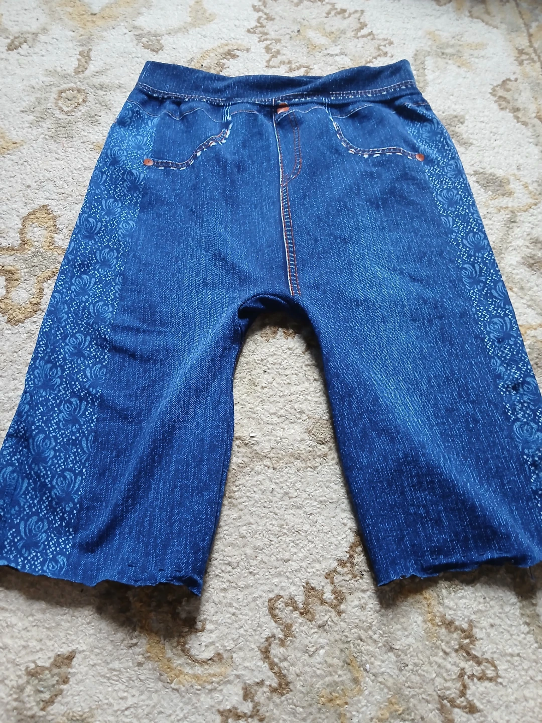 Women's Blue Denim Look Leggings with Lace Sides - photo 2