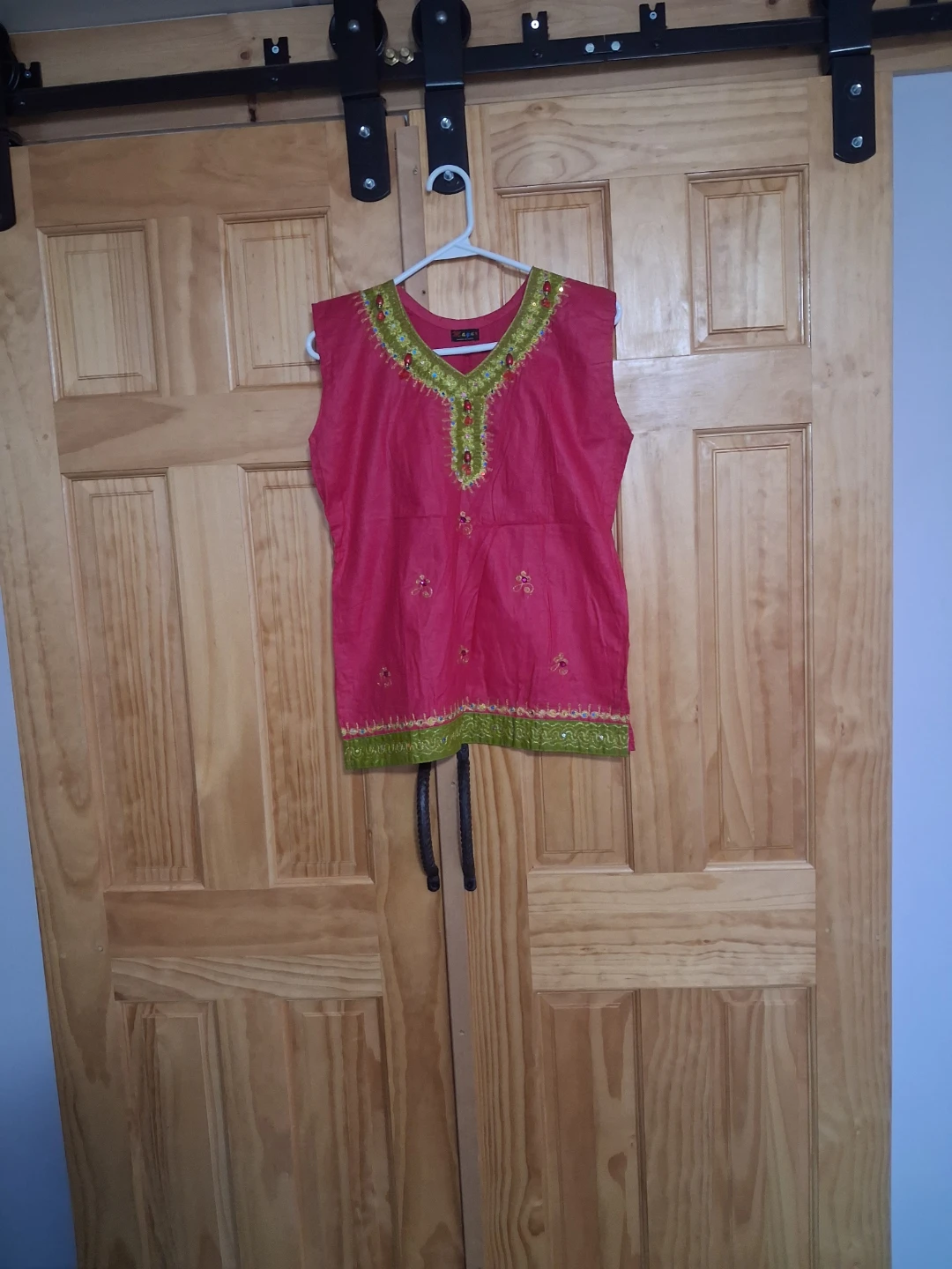 Pink Kurti with Green Embroidery