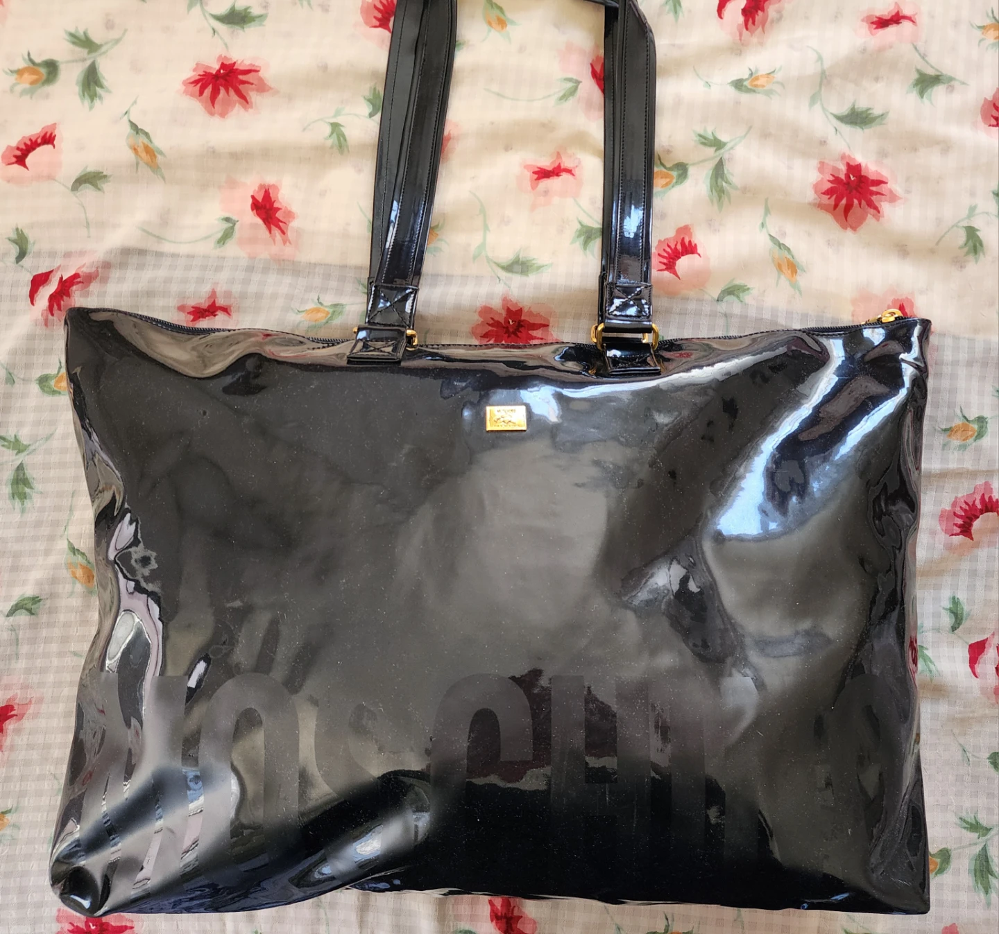 MOSCHINO Black Patent Tote Bag with Pouch