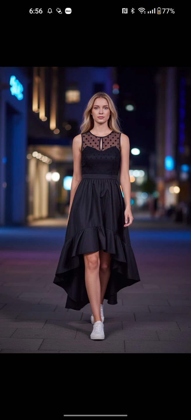 Black High-Low Dress with Polka Dot Top
