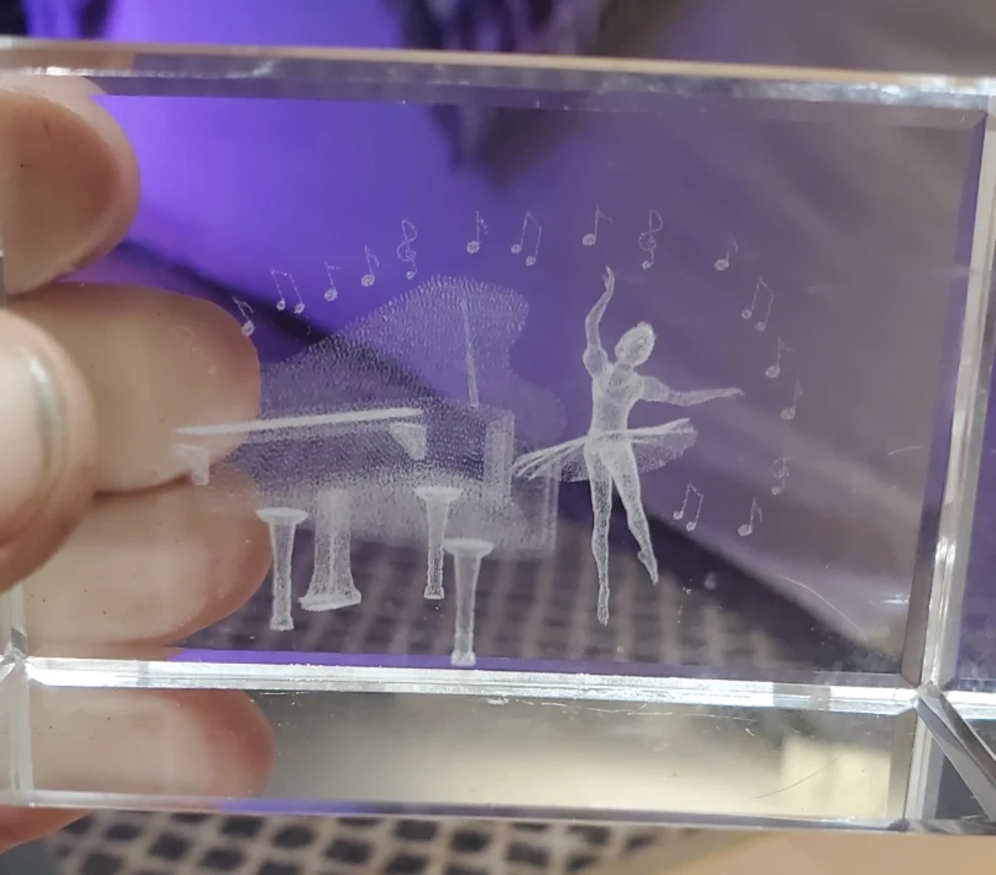 Two Glass Crystal Etched Ballerina & Piano Display Block