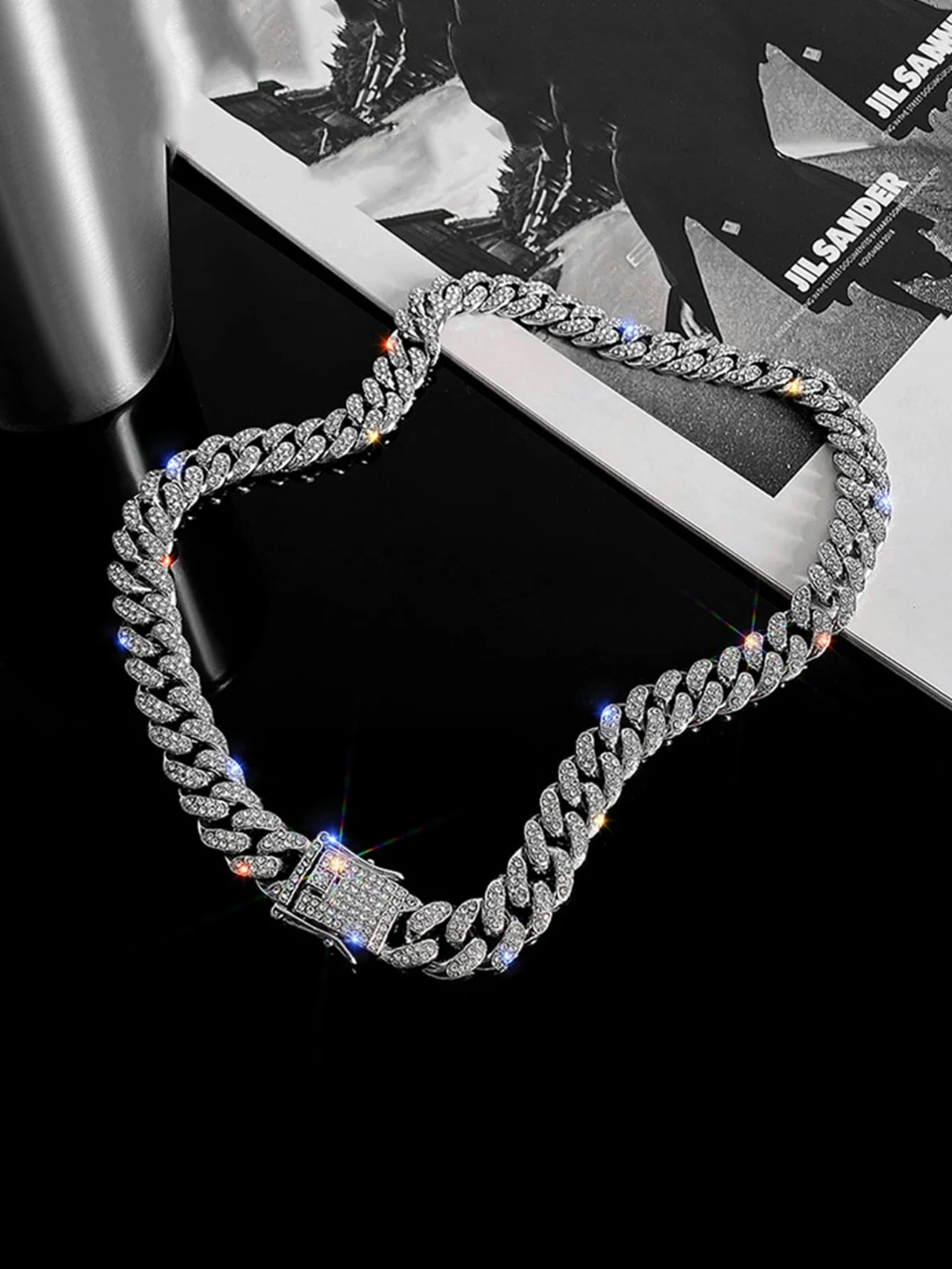 Cuban Link Chain Necklace with Rhinestones