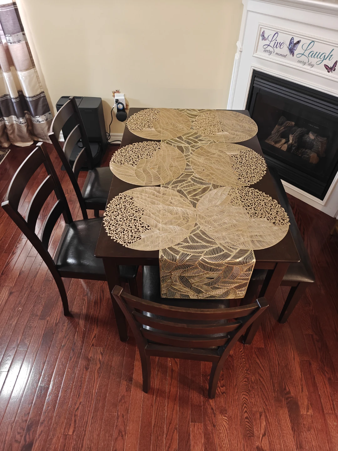 Dark Brown Wooden Dining Chairs and Bench, 5 piece