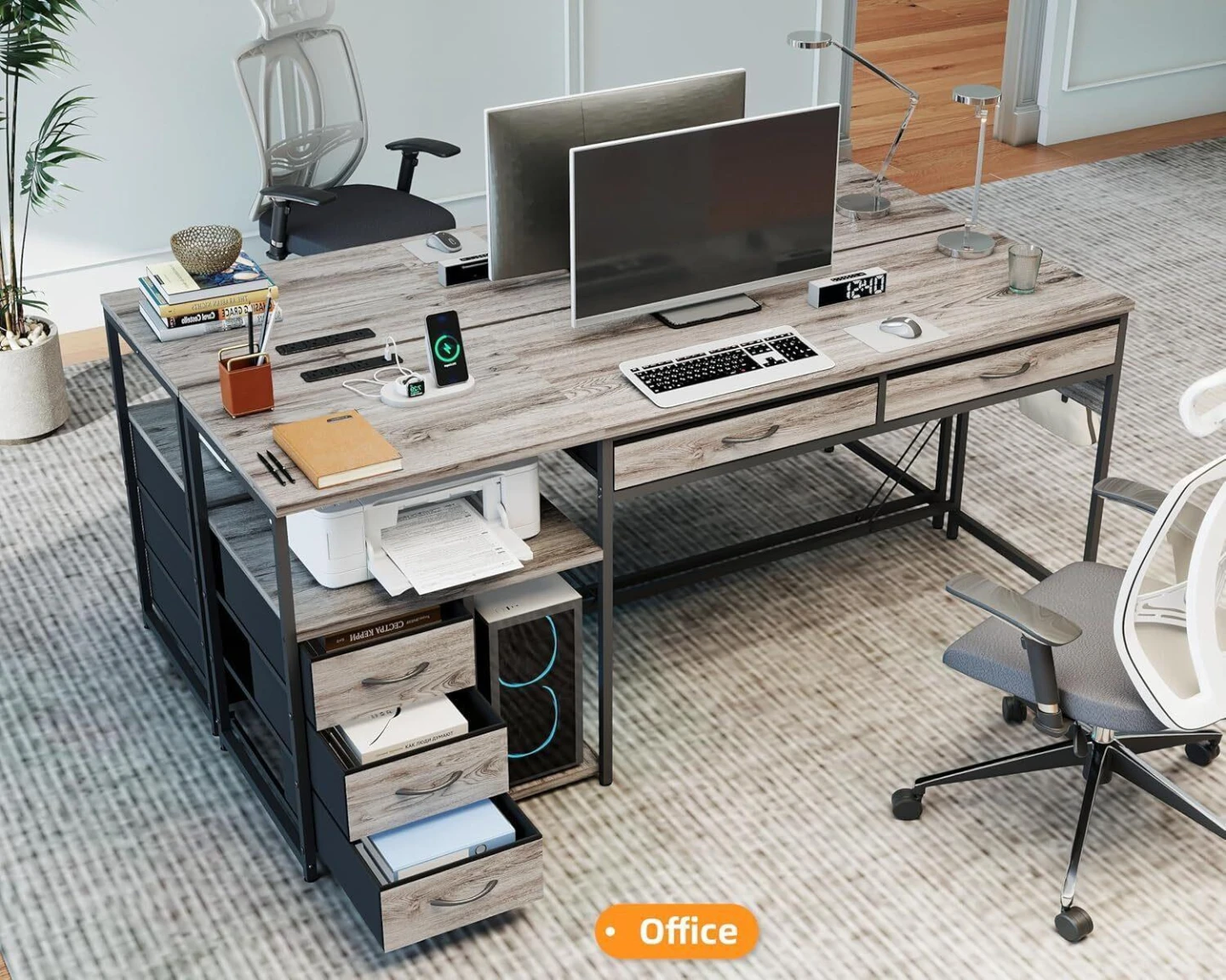 Computer Desk with Drawers and Shelving - Rustic Wood Finish
