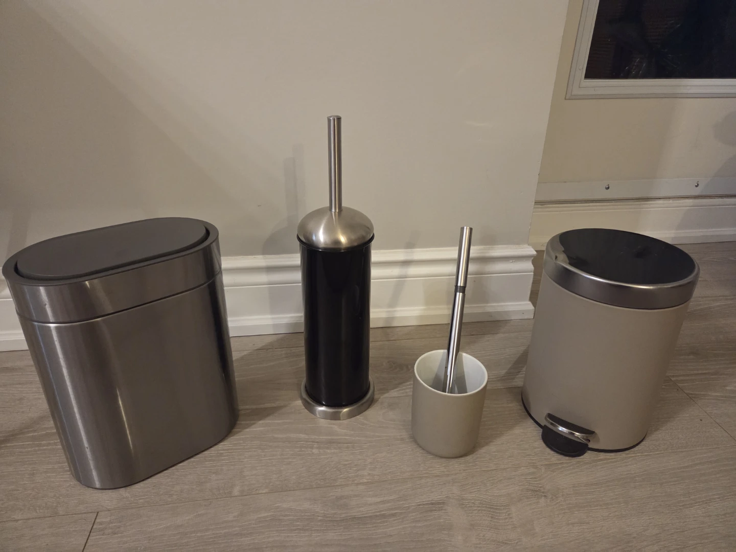 Set of 2 Stainless Steel Pedal Bins and Toilet Brush Holder