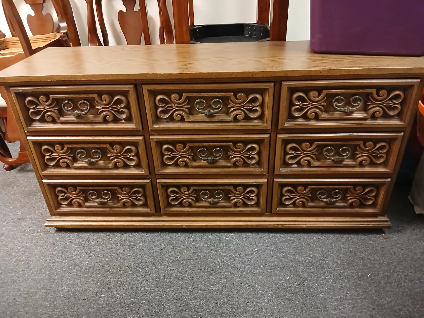 3 pc Vintage Wood Dresser set with Ornate Drawer Pulls
