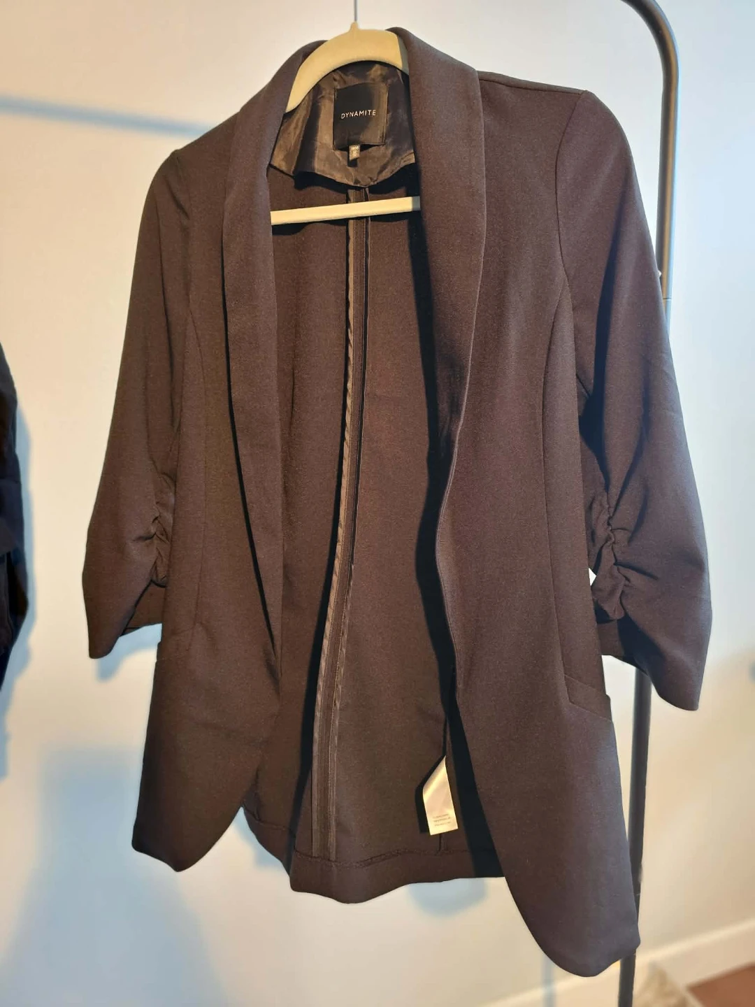 Dynamite Women's Black Ruched Sleeve Blazer Jacket