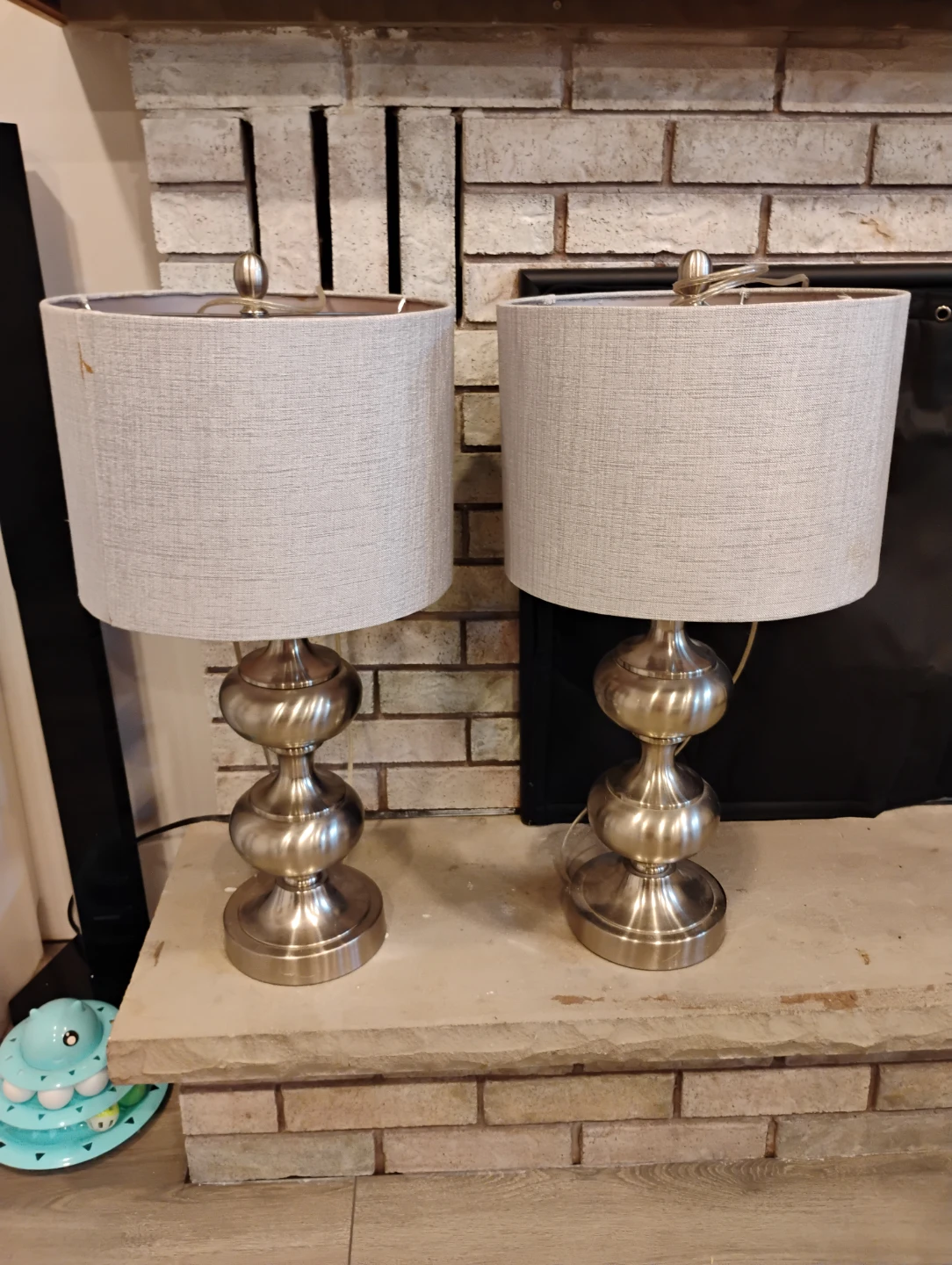 Pair of Silver Table Lamps with White Shades