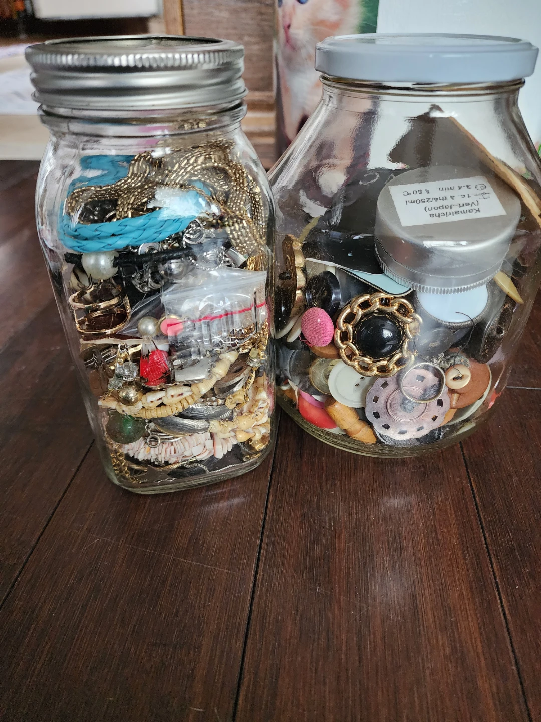 Assorted Jewelry and Buttons in Jars
