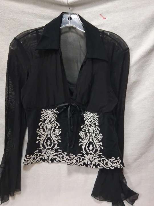 Joseph Ribkoff Black Sheer Blouse with White Embellishment