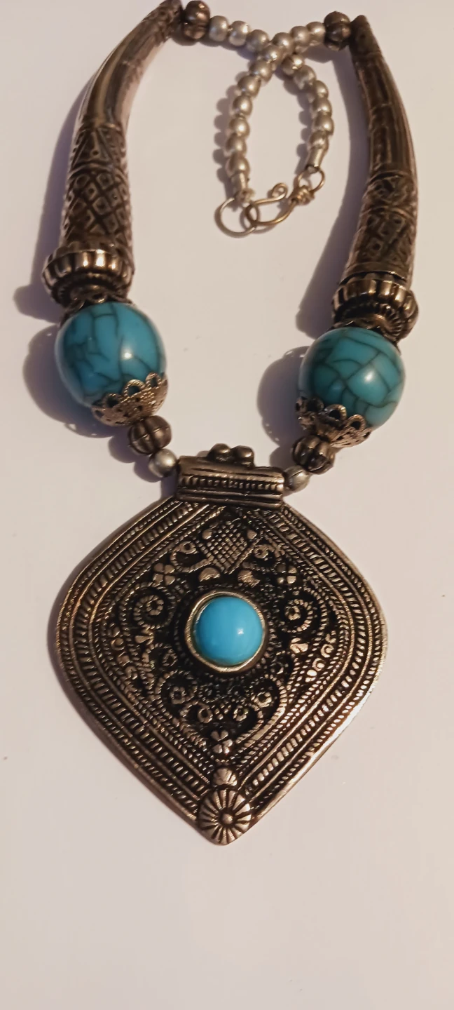 Silver Tone & Turquoise Ethnic Tribal Pendant Necklace - photo 4