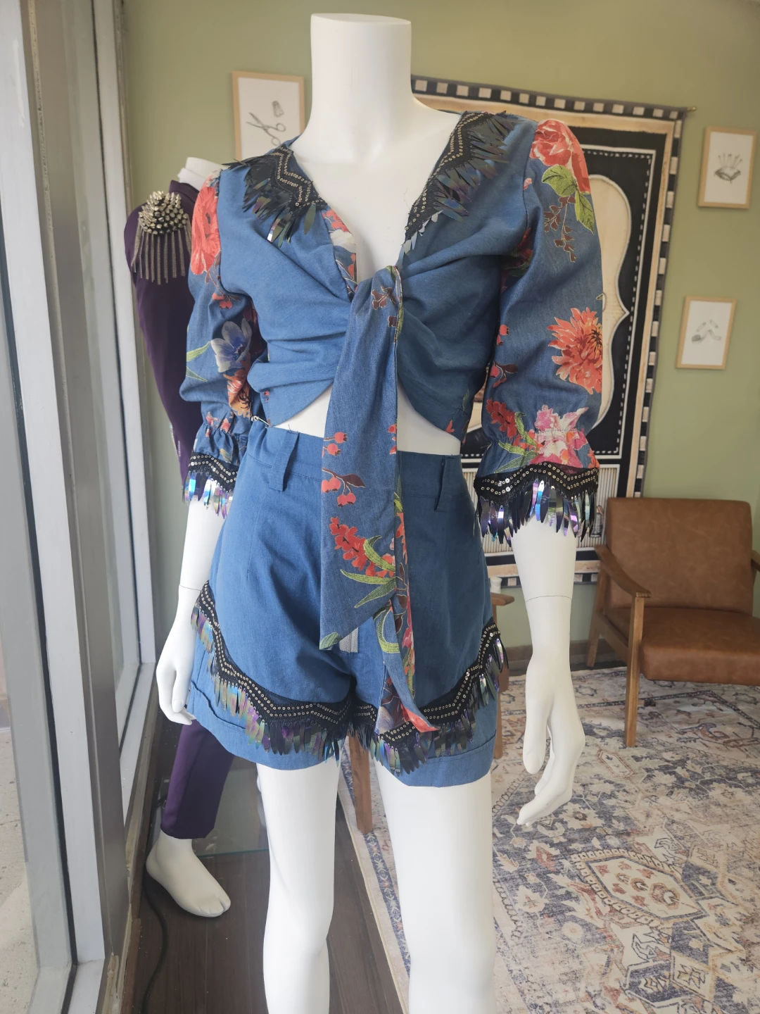 Denim Floral Print Tie-Front Crop Top & Shorts Set