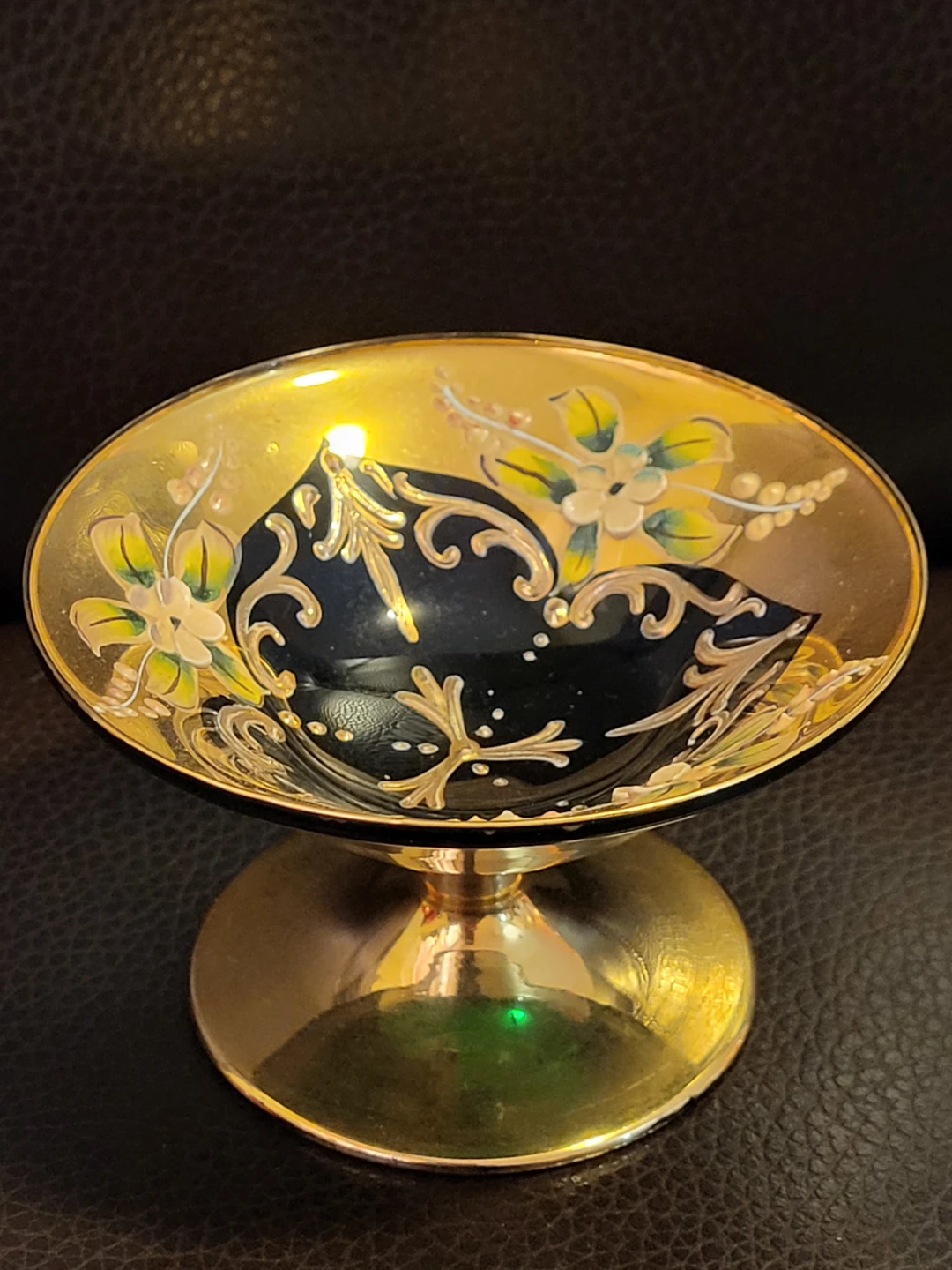 Vintage Bohemian Emerald Green & 24K Gold Pedestal Trinket Dish