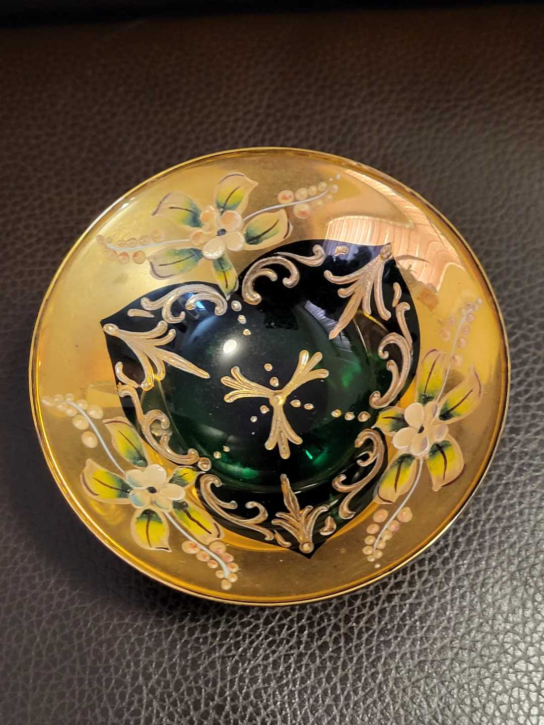 Vintage Bohemian Emerald Green & 24K Gold Pedestal Trinket Dish - photo 3
