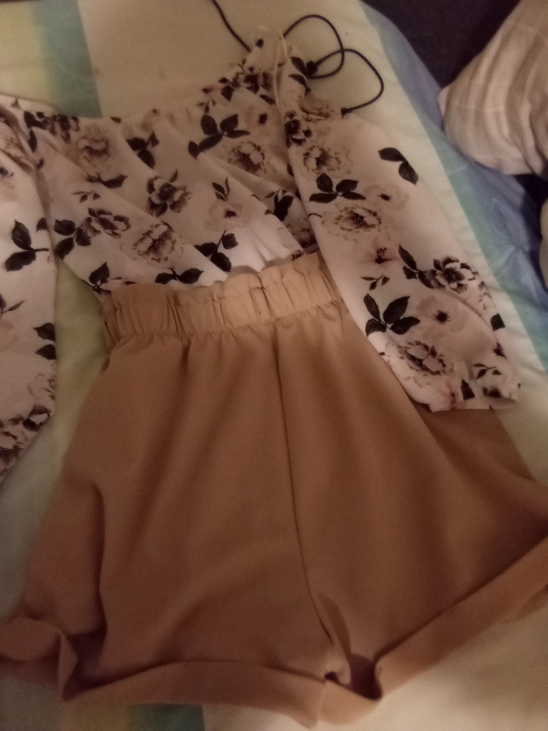 Floral Off-the-Shoulder Top and Tan Shorts Set