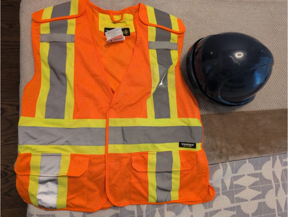 PPE- High-Visibility Safety Vest bad hard hat