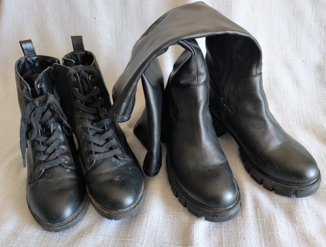 2x Black Faux Leather Combat Boots