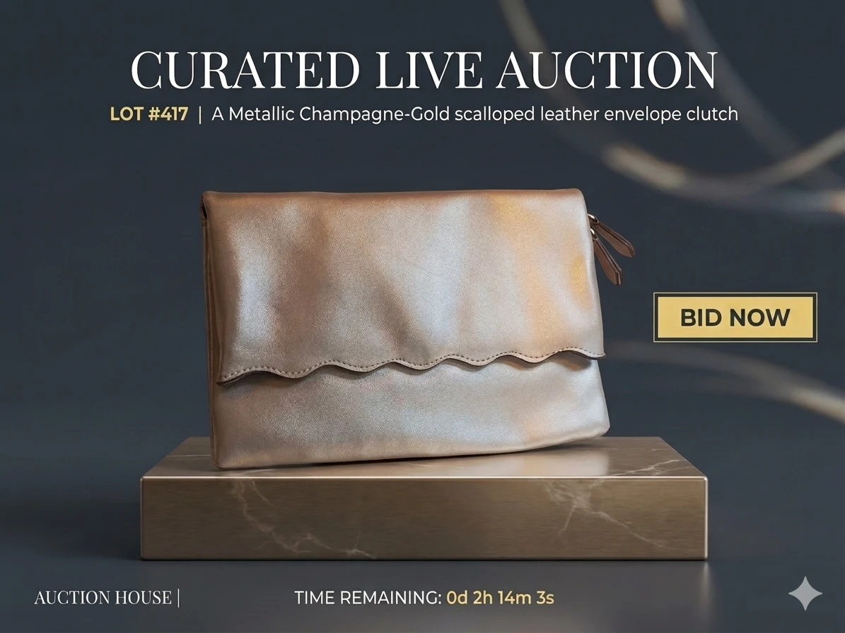 Metallic Champagne-Gold Scalloped Leather Envelope Clutch