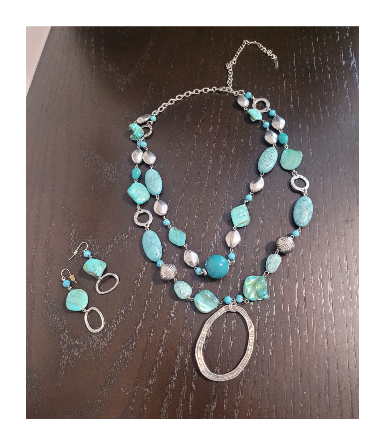 Turquoise and Silver Tone Beaded Necklace and Earrings Set