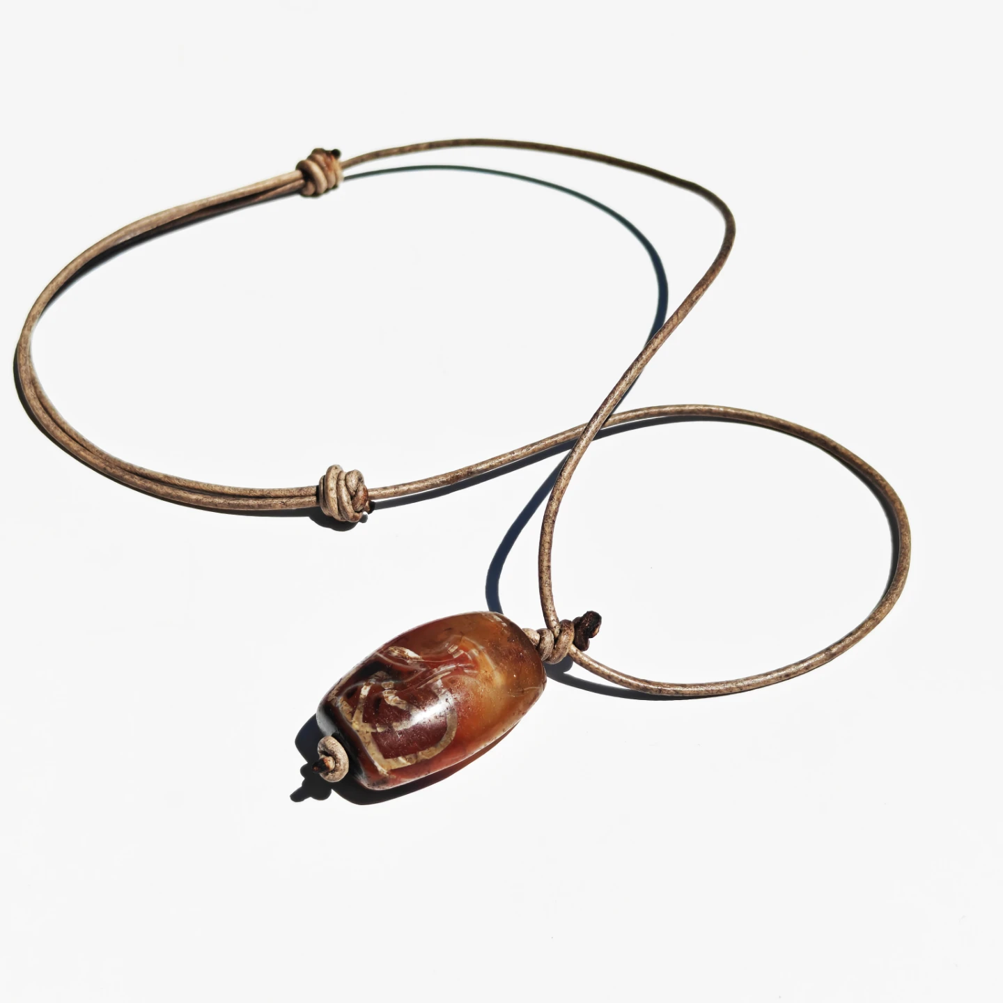 Handmade Tibetan Agate Dzi Bead Amulet Necklace Leather Cord