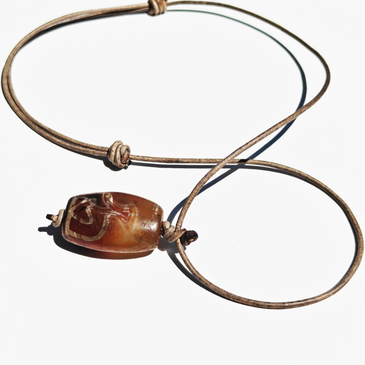 Handmade Tibetan Agate Dzi Bead Amulet Necklace Leather Cord - photo 3
