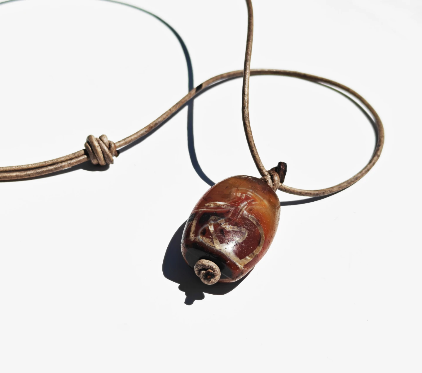 Handmade Tibetan Agate Dzi Bead Amulet Necklace Leather Cord - photo 4