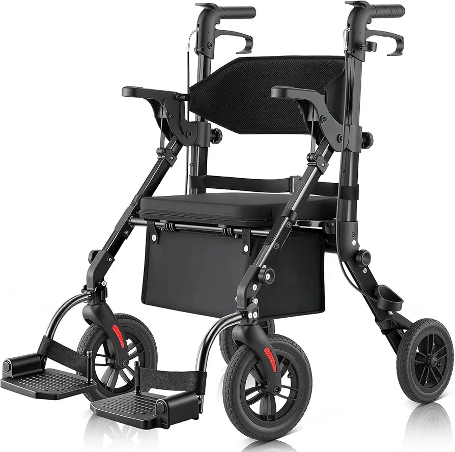 Black Mobility Walker with Seat and Detachable Footrest